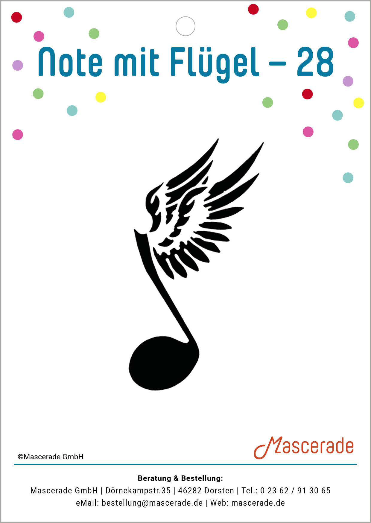 Note mit Flügel, Mascerade Tattoo-Schablone, TS-28 Note mit Flügel, Mascerade Tattoo-Schablone, TS-28