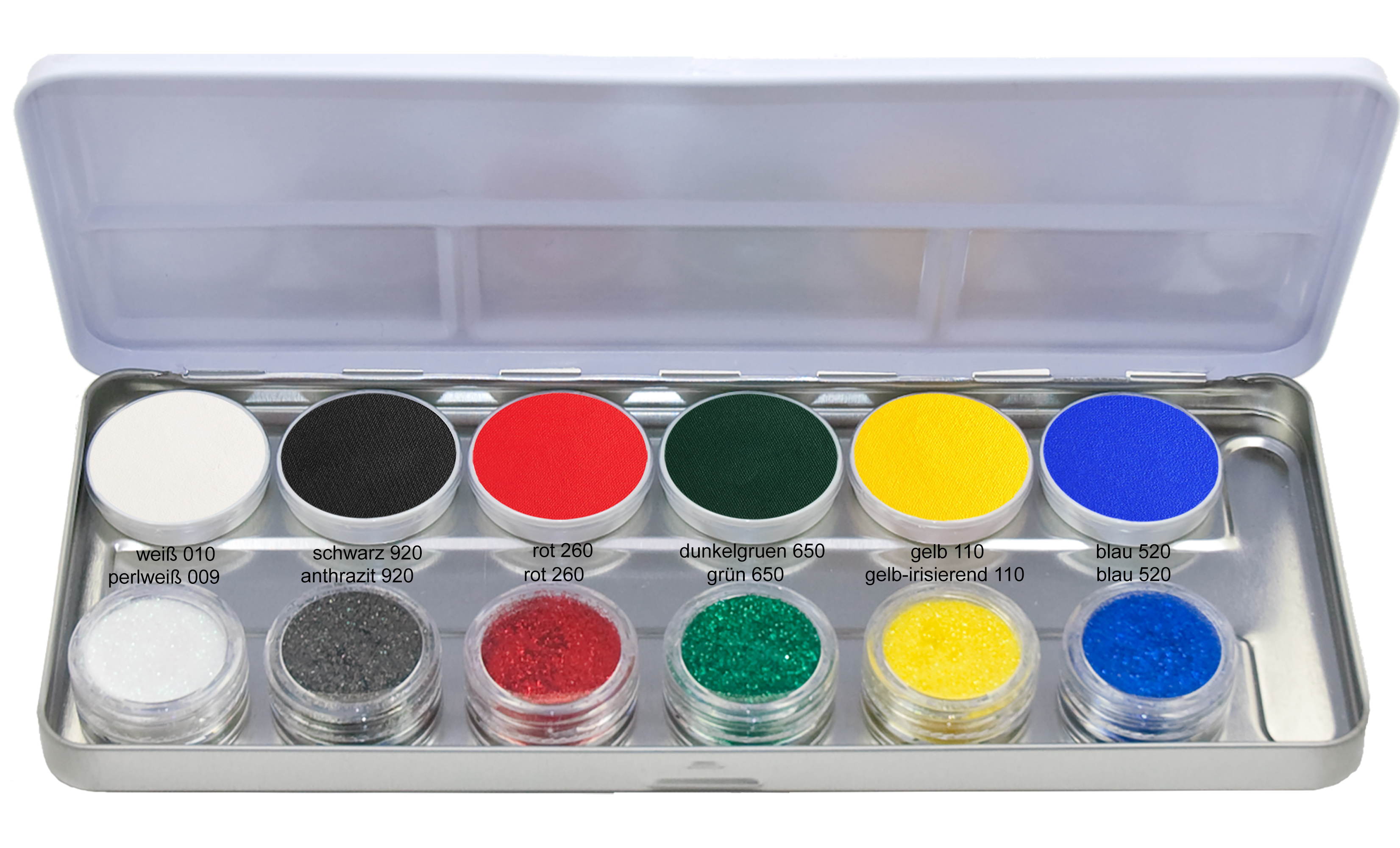 Mascerade AquaSuperPaint Palette Sortierung-3 mit 6 Farben+6 Glitzer