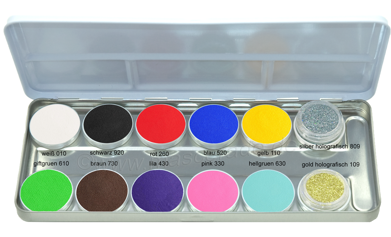 Mascerade AquaSuperPaint Palette Sortierung-1 mit 10 Farben+2 BioGlitzer