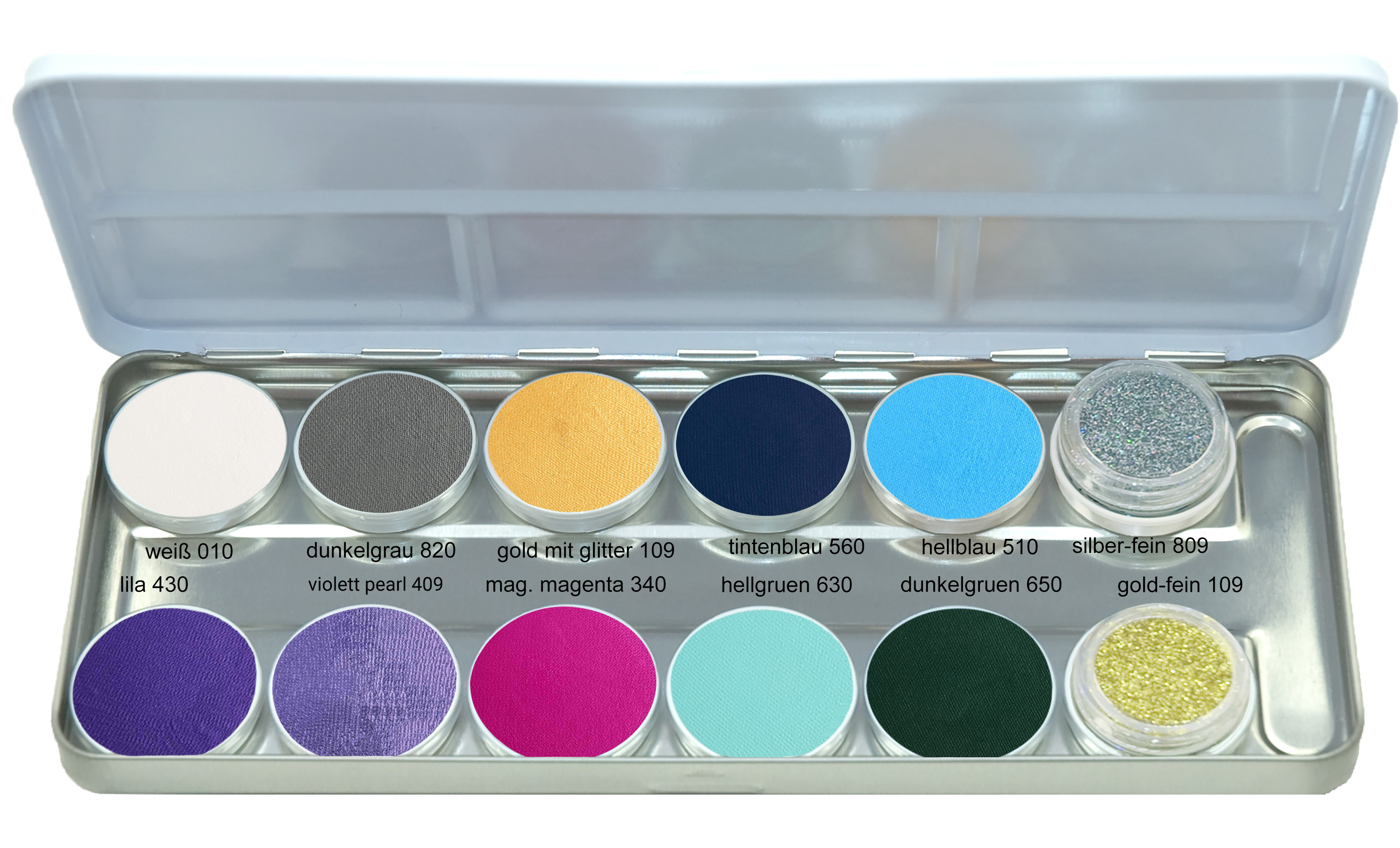 Mascerade AquaSuperPaint Palette Basic2 mit 10 Farben+2 BioGlitzer